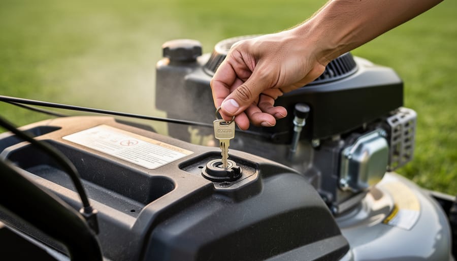 Person turning a lawn mower ignition key with the mower running in the background