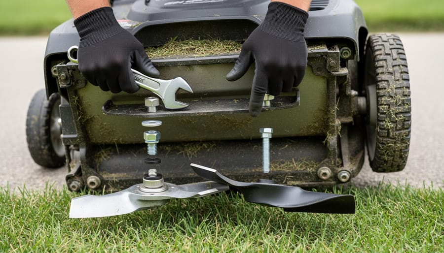 Gloved hands inspecting a low-lift lawn mower blade on a workbench