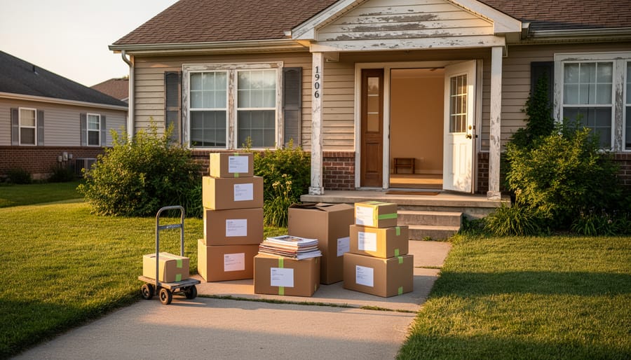 Moving boxes and sealed envelope beside a car trunk with a home exterior in the background