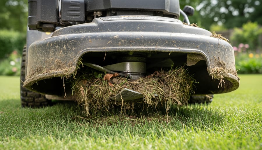 Operator clearing debris from the underside of a lawn mower deck near the blade area
