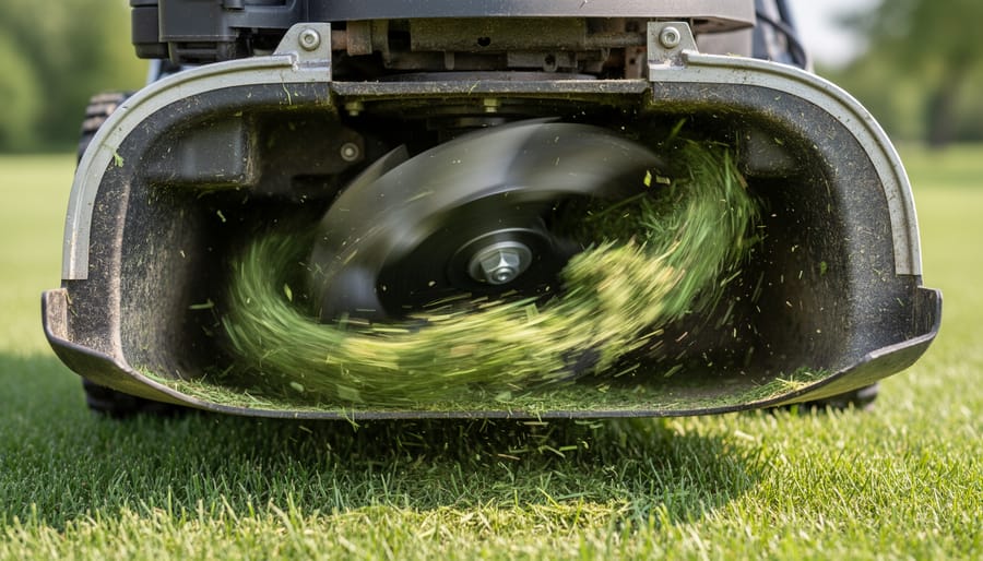 Close-up of a lawn mower deck and blade underside arranged for mulching, showing the metal surfaces and blade profile.