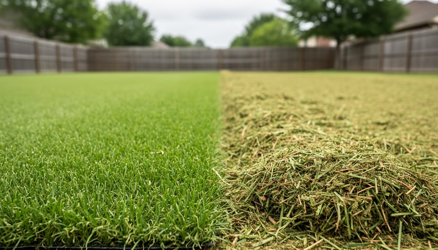 Lawn after mowing showing finer, evenly spread mulched clippings on one side and thicker, more visible clumps on the other side.