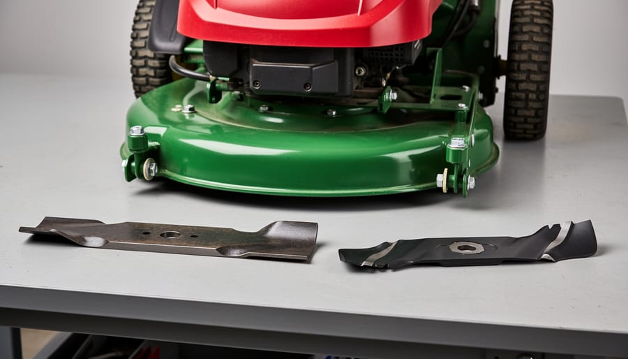 Two mower blades laid next to a lawn mower deck, showing different blade styles used for mulching and regular mowing.