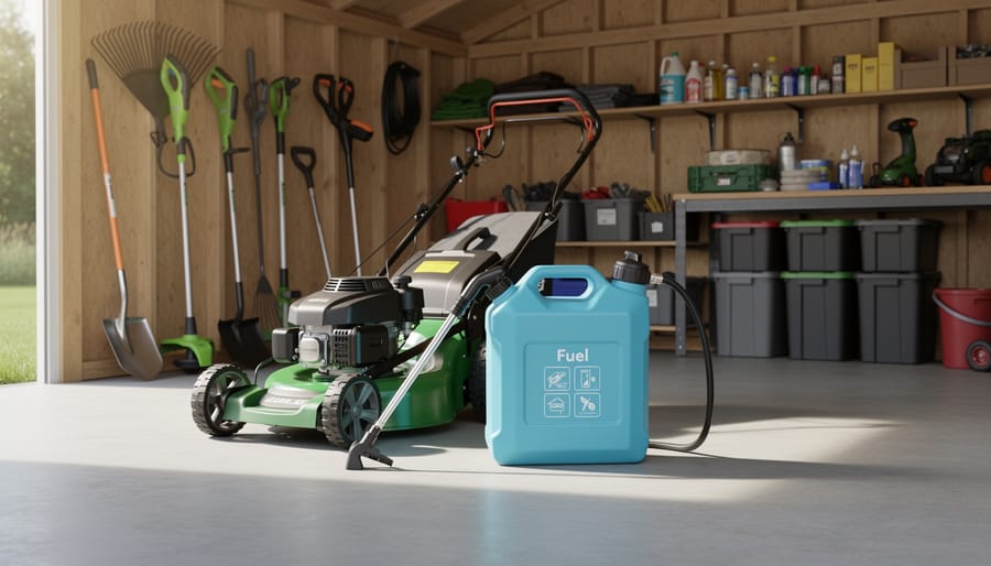 A portable fuel caddy stored neatly next to lawn equipment in an organized outdoor area.