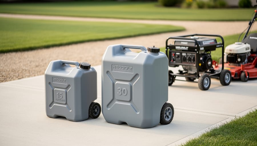 Two portable fuel caddies, one compact and one larger, placed near an outdoor generator and lawn mower on a driveway with a grassy yard in the background.