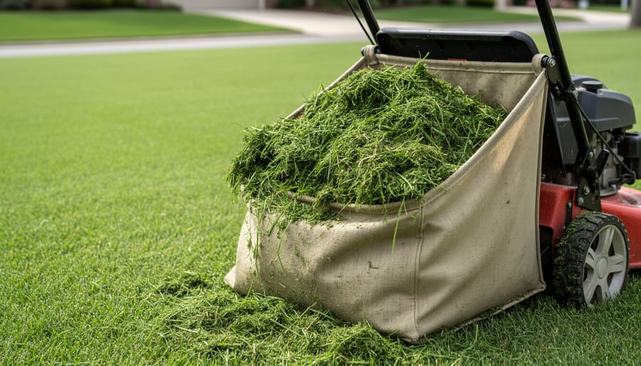 Walk-behind lawn mower with grass catcher collecting clippings in a residential yard during mowing.