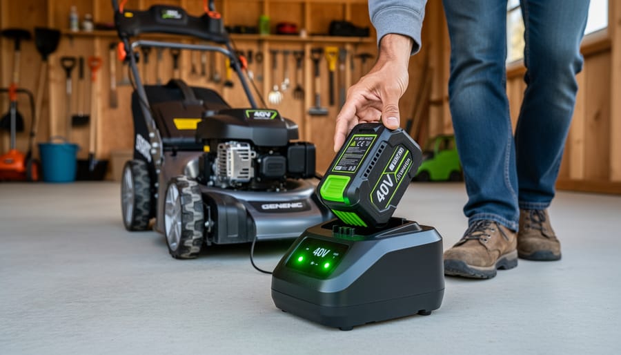 Battery pack resting in a charger cradle on a workbench with charging lights visible