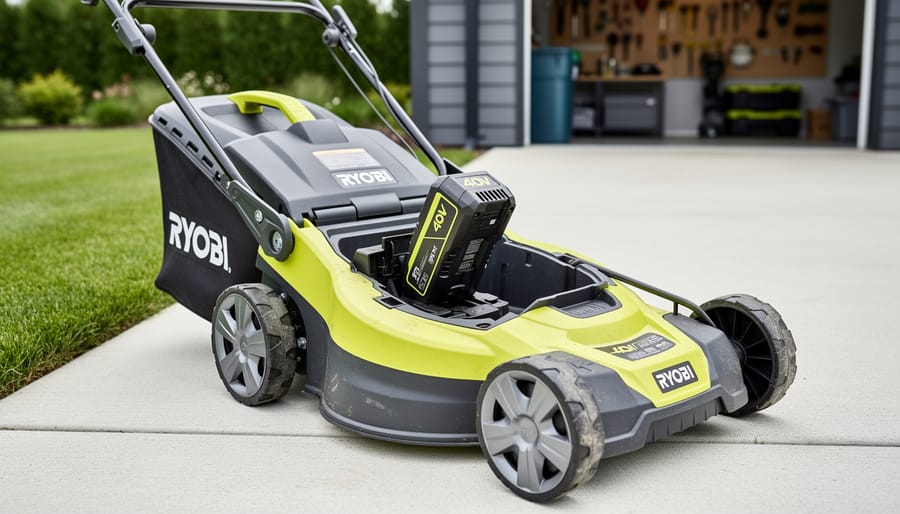 Ryobi 40V cordless lawn mower with the 40V battery pack being checked and seated in the battery bay on a driveway.