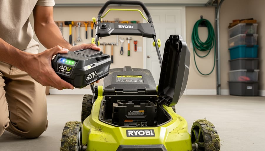 Person kneeling next to a Ryobi 40V cordless lawn mower while holding the battery pack