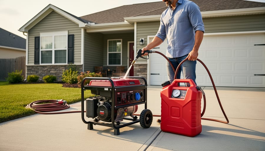 A person safely using a portable fuel caddy to refuel an outdoor generator in a driveway.