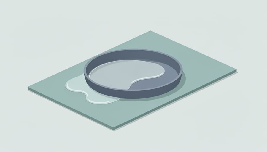 A fuel caddy positioned on a rubber mat with a drain pan for spill prevention.