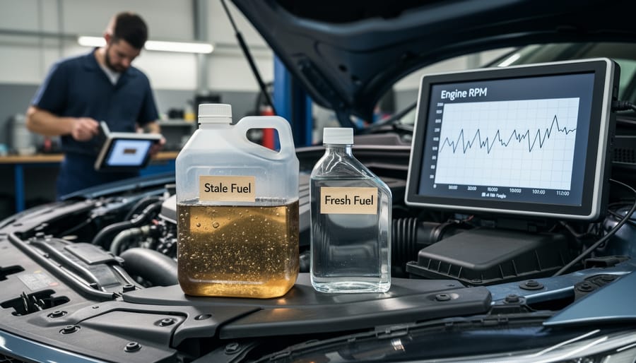 Gas container and fuel can showing signs of fuel deterioration in an outdoor garage setting.