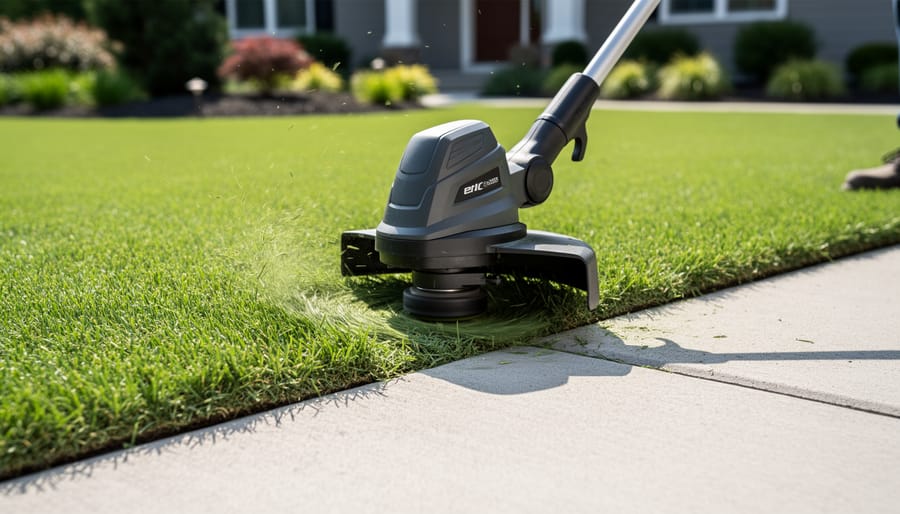 String trimmer edging a lawn along a concrete walkway, showing a clean crisp border.