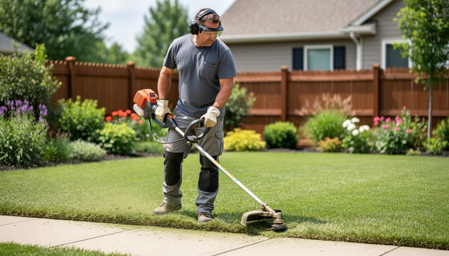 Homeowner wearing safety glasses and hearing protection while using a string trimmer for lawn edging.