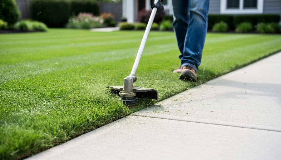 Close-up of a string trimmer held vertically to edge bright green grass into a clean line where it meets a concrete sidewalk.