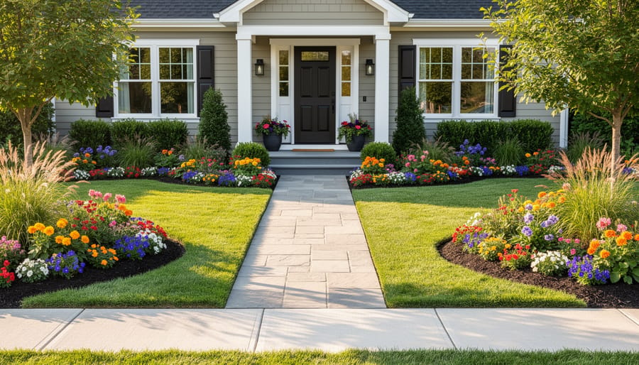 Front garden and lawn with neat edging, healthy plants, and a clean walkway leading to the front door
