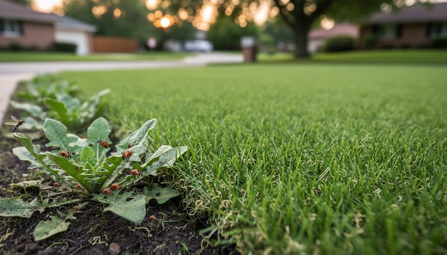 Turfgrass with a fading broadleaf weed patch and healthy grass texture in side-lit afternoon light