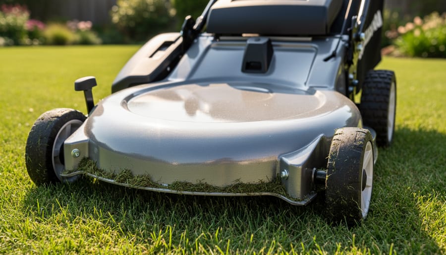 Close view of a lawn mower deck underside showing a protective glossy coating in golden hour light.