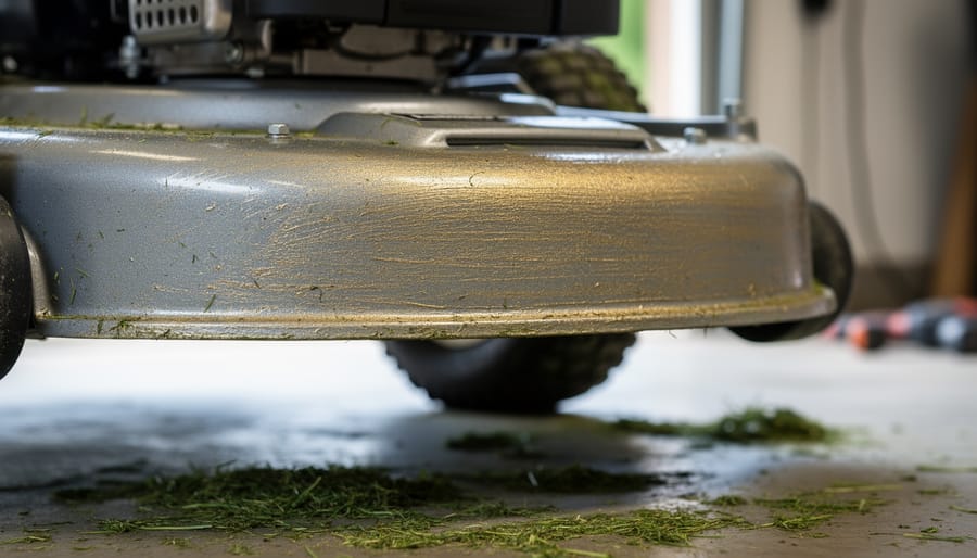 Close-up low-angle view of a lawn mower deck underside with a silvery-golden protective lanolin coating on exposed metal surfaces.