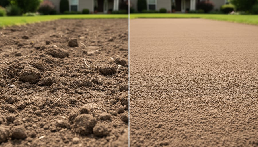 Close-up of smoother leveled soil texture next to a rougher lumpy patch in a yard.