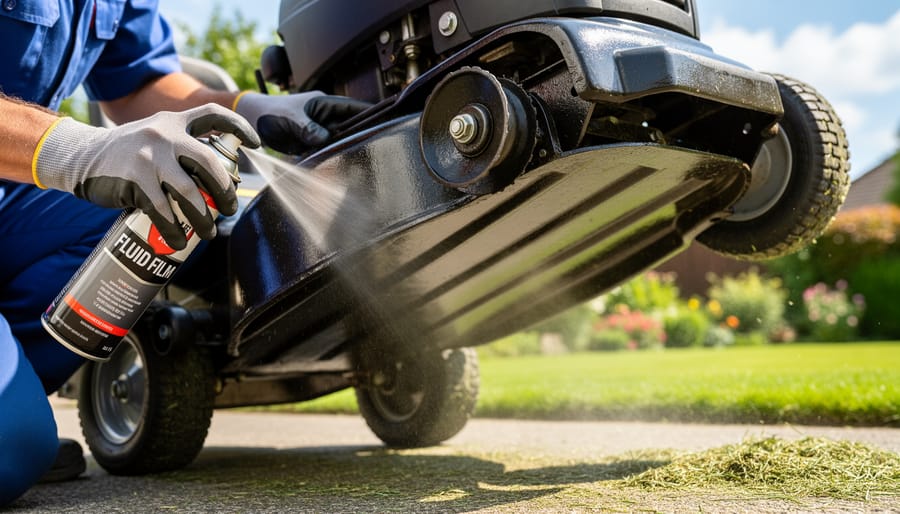 Gardener applying fluid film to the underside of a lawn mower deck while wearing gloves and eye protection.