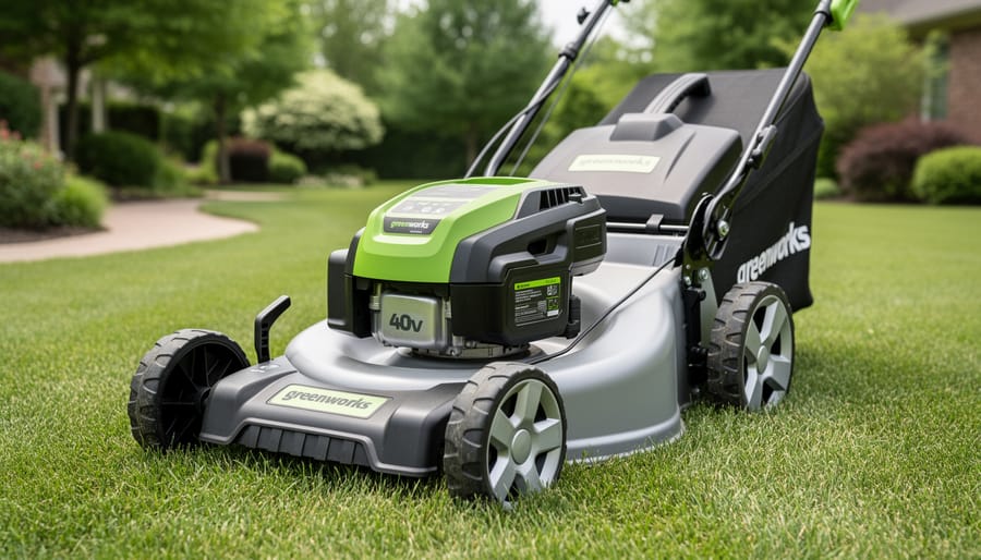 Close, low-angle view of a Greenworks 40V electric lawn mower on a lawn, with focus on the deck and battery compartment area.