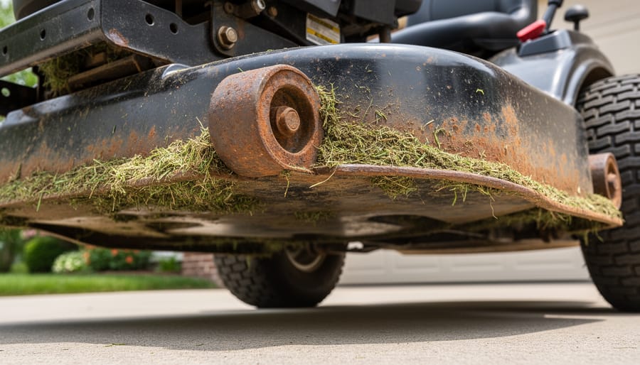 Lawn mower deck underside on a garage floor showing old grass residue and rust spots.