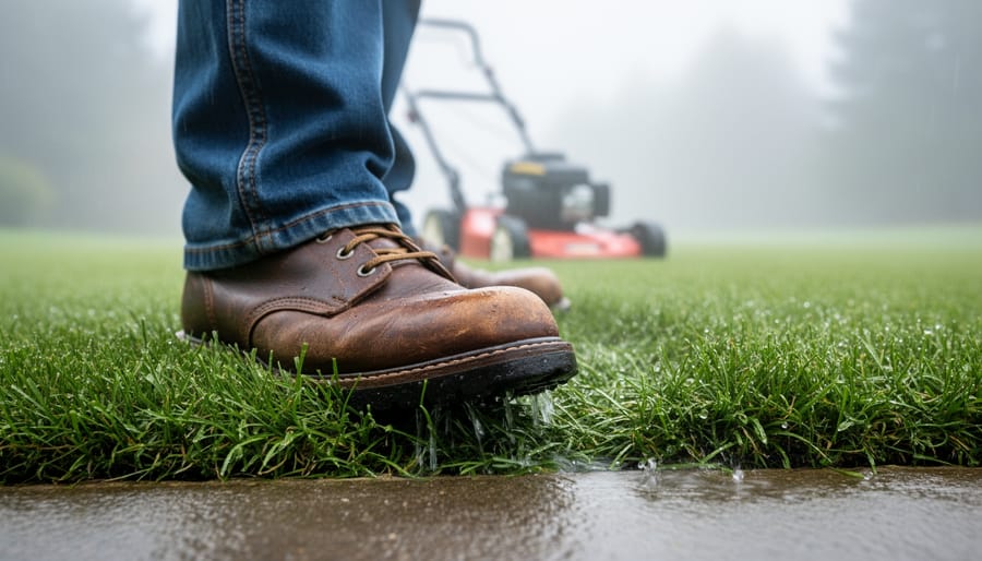 “Damp grass with a boot near the turf, showing why mowing immediately after rain can damage the lawn.”