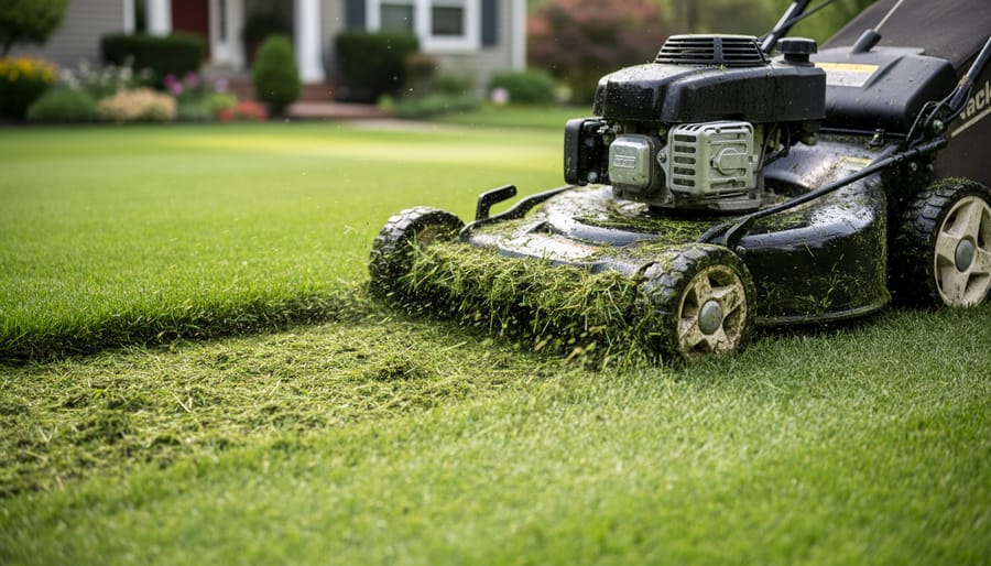 A lawn mower cutting wet grass ejects clumps onto saturated turf.
