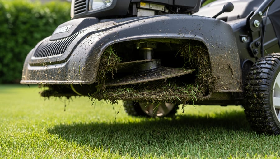 Lawn mower deck underside with grass clippings buildup and cleaning tools nearby.