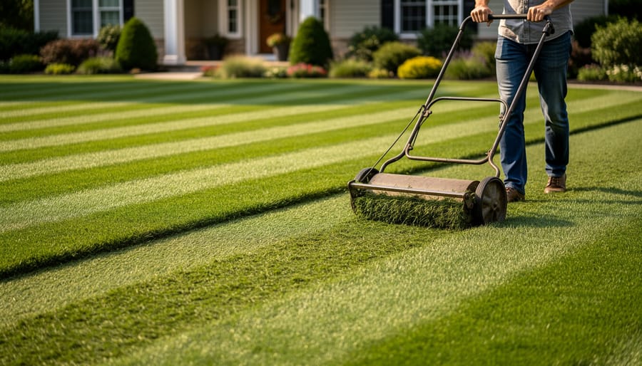 Parallel mowing stripes on a residential lawn created with a push mower