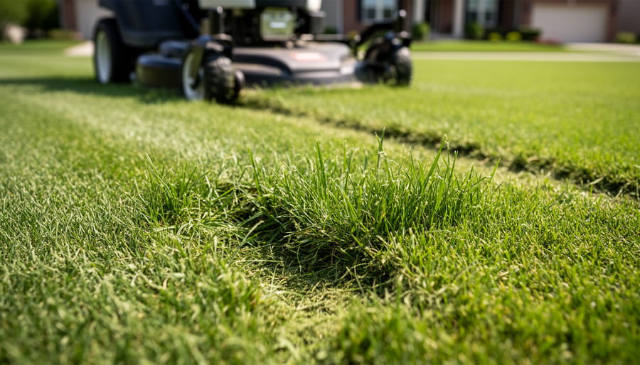 A person mowing with a cordless electric lawn mower on an uneven lawn showing uneven cutting results.