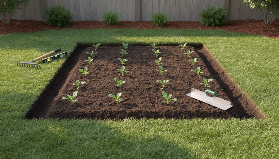 Gardener’s hands over a prepared garden bed with fine soil and small gravel spread on the ground.