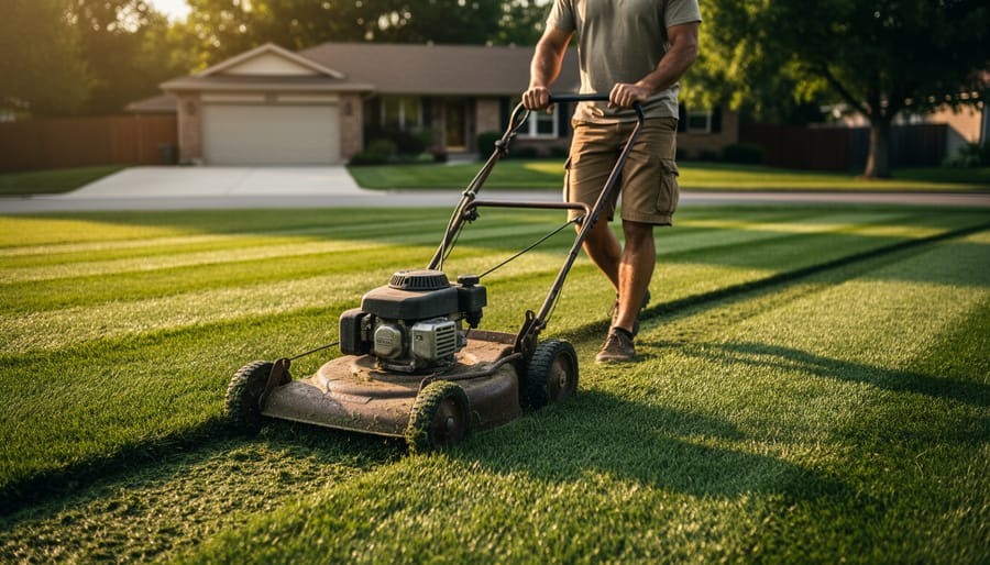 “A person pushing a rotary push mower across a lawn with crisp alternating mowing stripes in warm golden-hour light.”