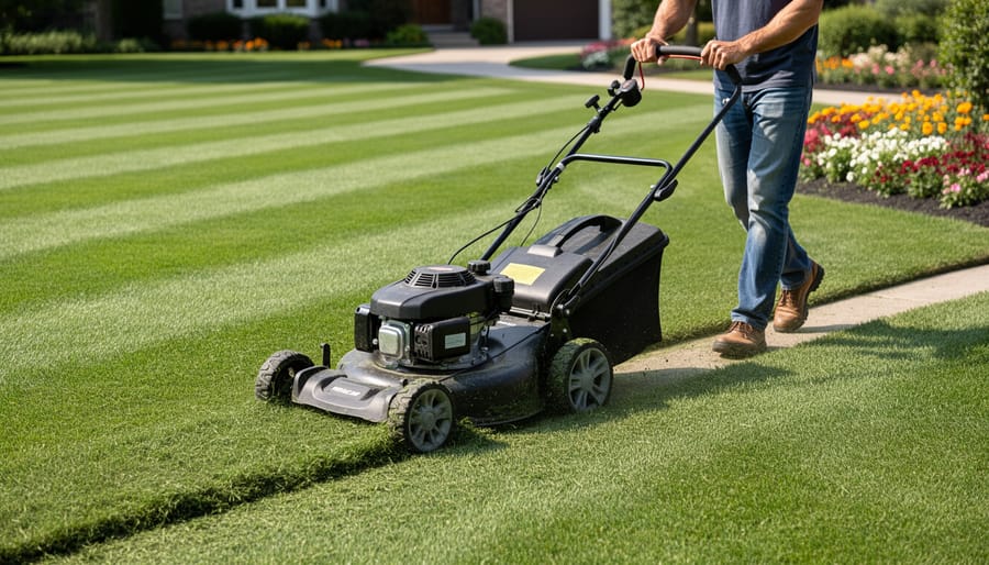 Person using a push mower to mow along a lawn edge