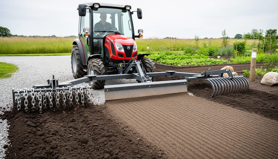 A compact tractor towing chain harrow, drag mat, and landscape rake to smooth and level uneven soil near a driveway and garden bed.
