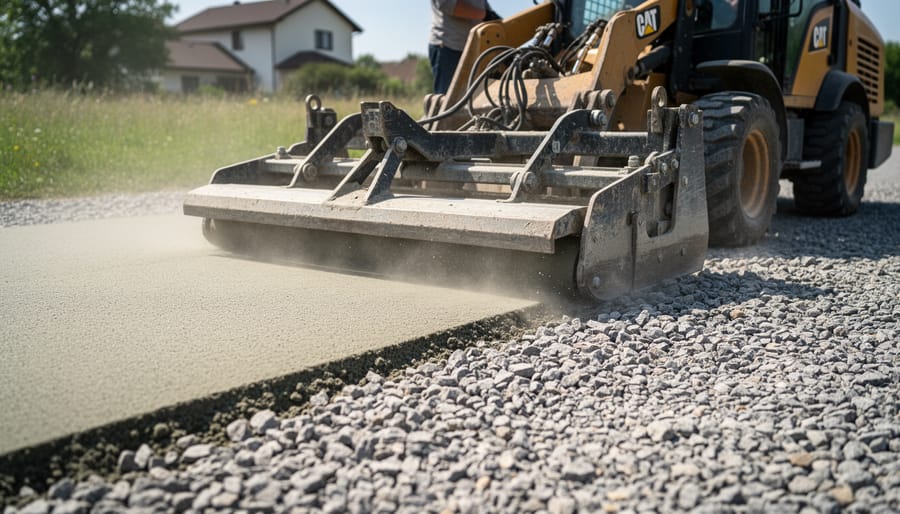 Lawn tractor leveling uneven gravel driveway surface with visible wheel tracks and textured gravel.
