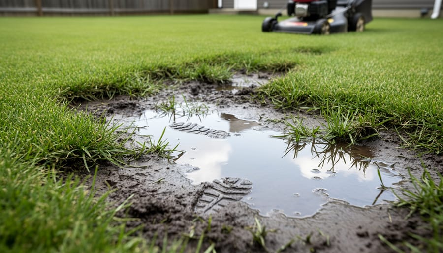A person’s muddy footprints appear on a lawn with damp grass and small puddles, suggesting it’s too wet to mow.