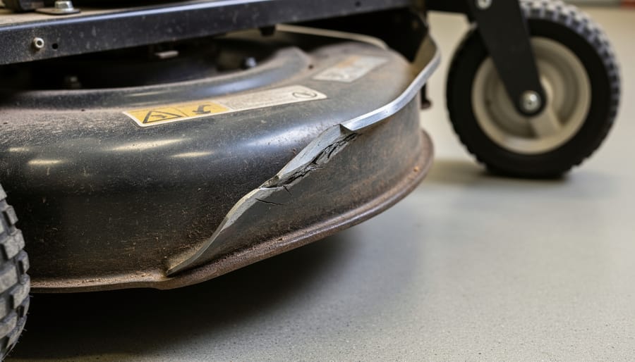 Close-up of a bent lawn mower blade on a workbench