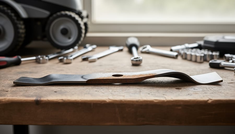 Close-up of a bent lawn mower blade lying on a garage workbench with a blurred mower deck and tools in the background.