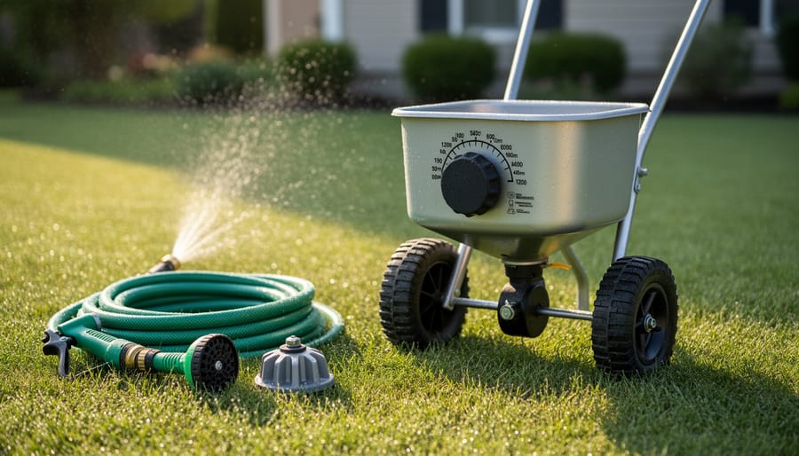 Drop spreader set up near a watering hose with fertilizer granules ready for controlled summer application.