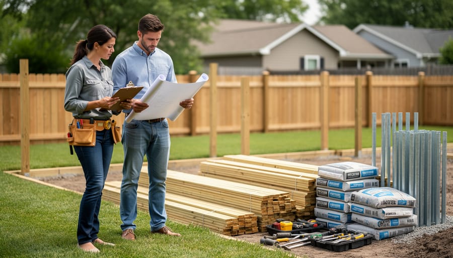 Contractor and homeowner reviewing a fence project near fence materials on a residential property.