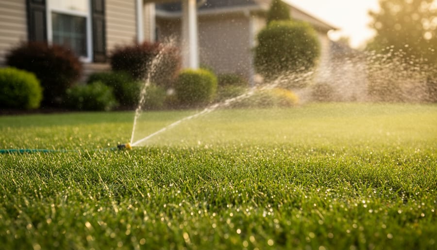 Close-up of dew-covered green grass blades in the morning, suggesting a lawn properly watered after fertilizing.