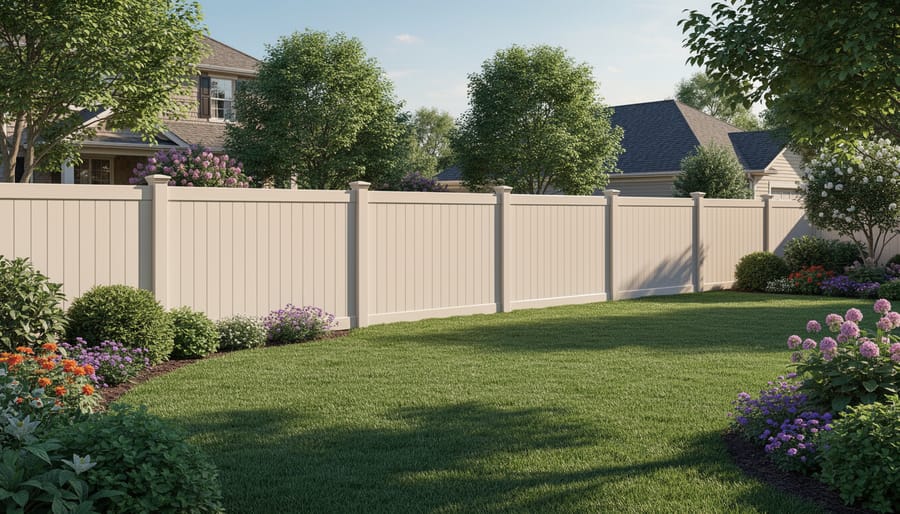 Vinyl and metal fence installed along a landscaped backyard with trimmed shrubs and healthy grass.