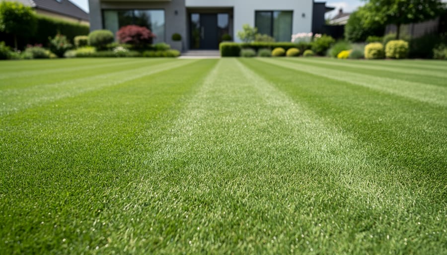 Freshly mowed lawn showing even grass cut quality in warm golden hour light