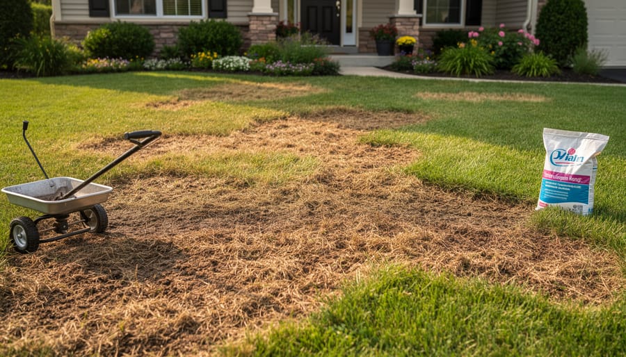 Homeowner holding a lawn spreader while walking through a dry, heat-stressed lawn in hot weather.