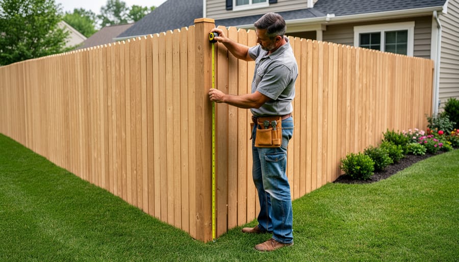 Homeowner measuring a newly installed wooden privacy fence with a tape measure in a backyard.