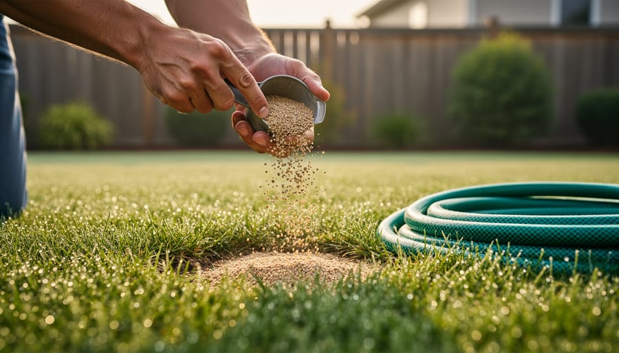 Person spreading slow-release fertilizer on a healthy green lawn with a garden hose nearby in early morning sunlight.