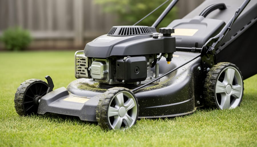 Walk-behind lawn mower engine with oil fill cap and dipstick area in view on a garage floor.