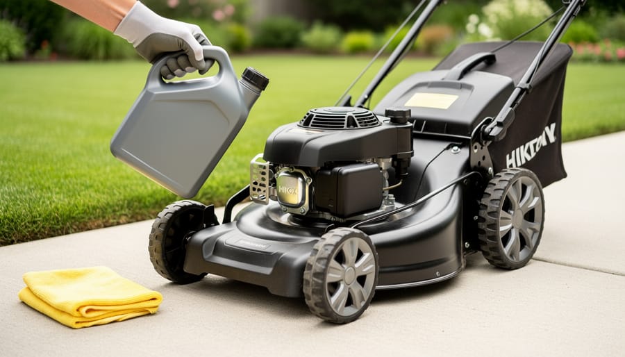 Close-up of a walk-behind lawn mower engine oil fill area while a person pours oil with a rag nearby.